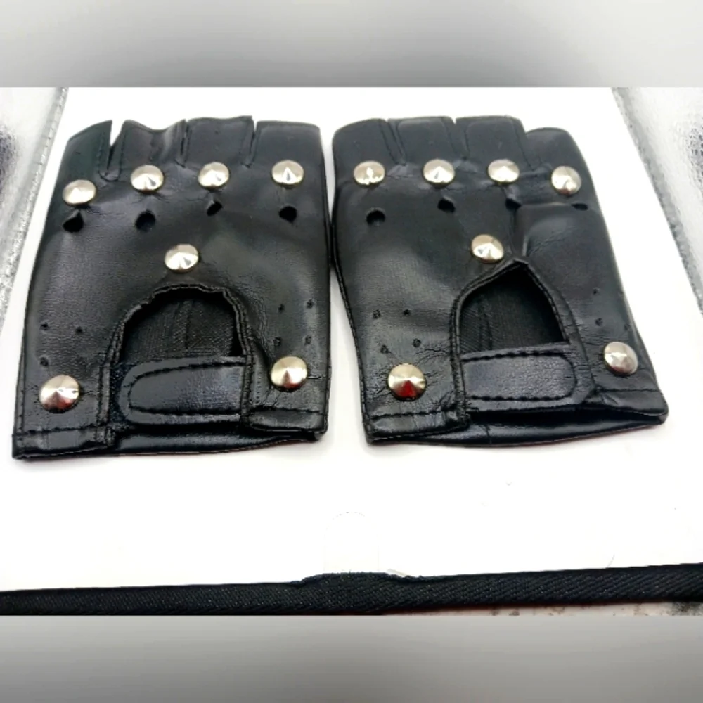 Black Faux Leather Studded Fingerless Gloves Unisex -New